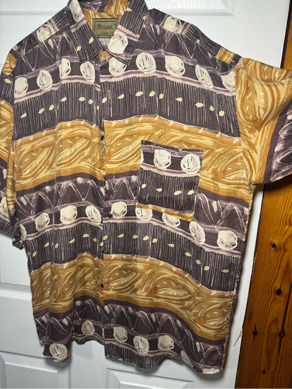 VTG 80s 100% Silk Bruno Abstract Art Pattern Button Up Shirt - Large